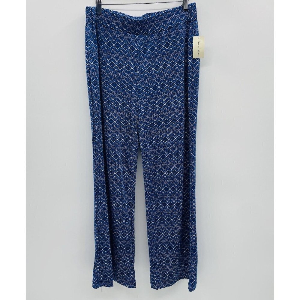 Studio Works Womens Size Medium Printed Pull On Stretch Knit Wide Leg Pants Blue